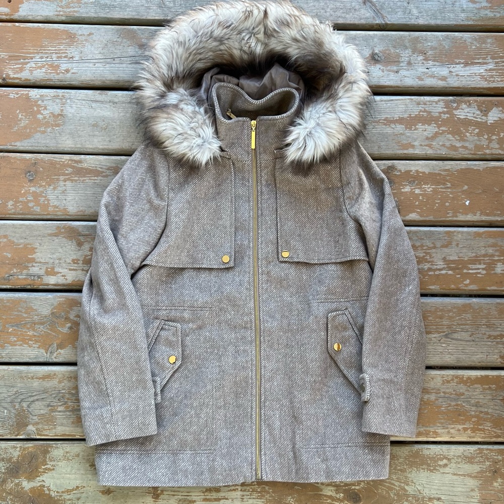 Kensie Brown Jacket With Faux Fur Trim Hood - Size Medium